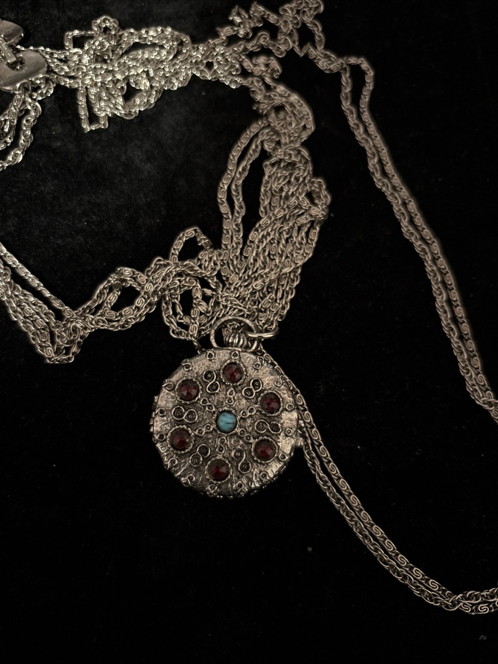 Boho Silver Medallion Necklace with Turquoise Center and Garnet Accents
